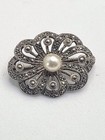 Vintage Sterling Silver 925 Pin Brooch Pearl Marcasites Art Deco Style 5.6g — photo 1