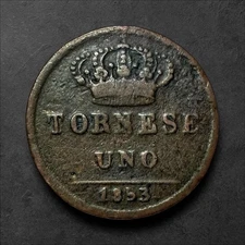 1853 🇮🇹 Italian States Two Sicilies 1 Tornese, Ferdinand II, Free Shipping!