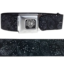 Mens Black & White Paisley Print Design Seatbelt Style Belt Buckle Down SZ 24-42