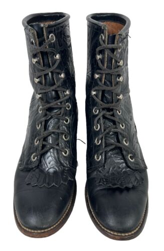 Larry Mahan Western Boots Womens size 7 Black Tooled Leather Vintage Lace Up 90s - Picture 5 of 10