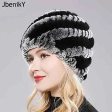 Women Warm Real Rex Rabbit Fur Hat Snow Cap Winter Hats Knit Beanies Fluffy Hat