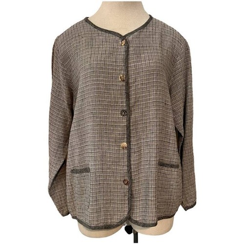 Vintage CLIO Lagenlook 100% Linen Button Jacket Top Size L Grey Tan Blue Check