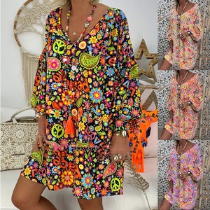 Womens-Long-Sleeve-Summer-Beach-Boho-Floral-Casual-Loose-Mini-Shirt-Dress-Kaftan