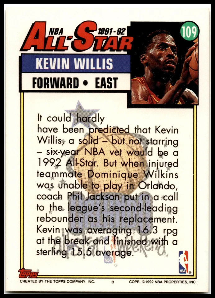 Kevin Willis #109 1992 Topps ALL STARS Hawks B0126A — 第 2/2 张图片