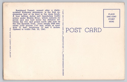 Bankhead Tunnel Mobile Alabama Turnpike Linen Postcard - Picture 2 of 2