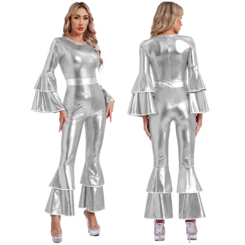 Damen 70er Disco Hippie Kostüm Glänzender Jumpsuit Einteiliger Overall Karneval - Bild 24 von 52