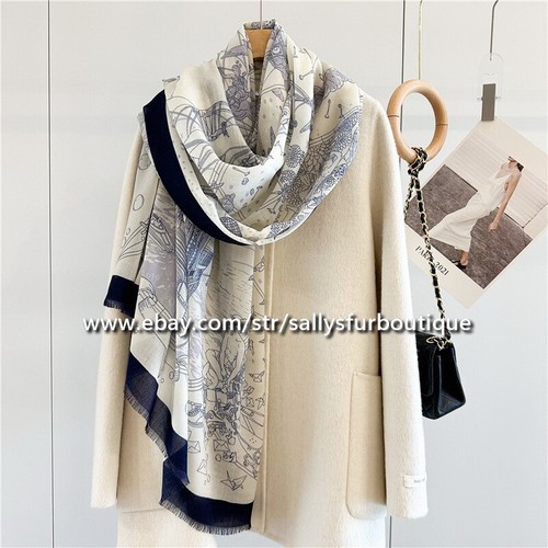 Sallys Cashmere Ring Scarf Wrap Shawl Boat Print Soft Delicate Light 78"*39" - Picture 14 of 47