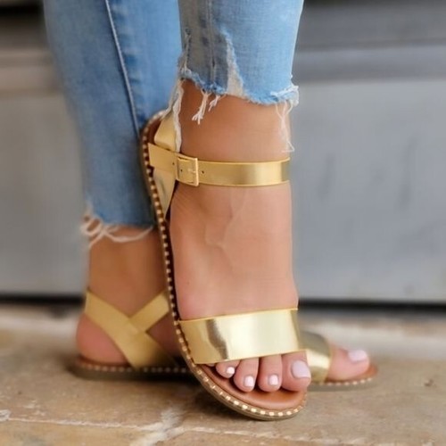 Women Gold PU Ankled Fashion Strap Sandals (size 7)