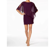 X BY XSCAPE Woman' Burgundy Sheer Beaded Cape Overlay Boat Nek Dress SIZE 16 NWT