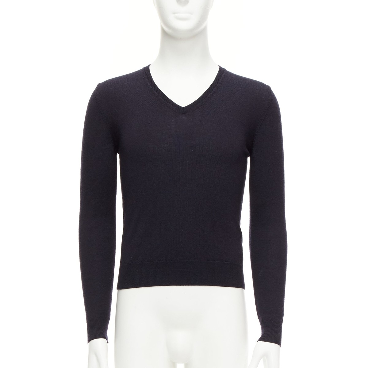 PRADA 2010 navy wool long sleeve V-neck classic sweater IT44