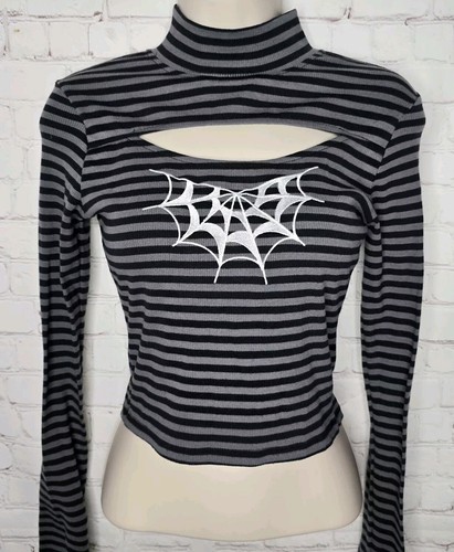 Lurking Class Spider Web Striped Crop Top Cutout Mock Neck Gothic Womens M - Picture 2 of 7