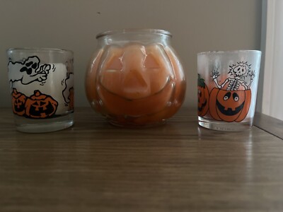 Vintage Halloween Candles & Holders Jack o Lantern Pumpkin & Ghost Skeleton SET