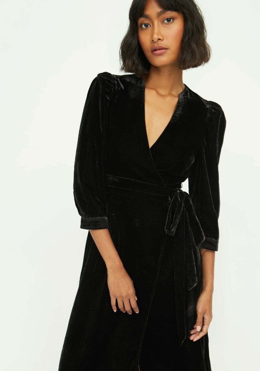 RHODE Lainey Velvet Midi Wrap Dress Black Womens Size XS | eBay