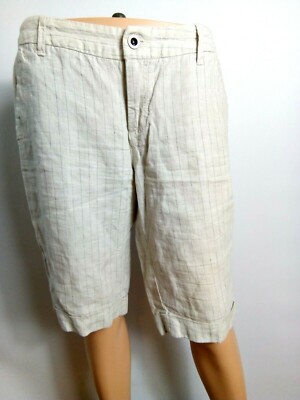 Esprit Women`s Shorts Size-12 Beige Stripped 100% Linen Casual Comfort