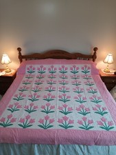 Vintage Hand Appliqued/Hand Quilted Tulip Quilt - 78" x 86"
