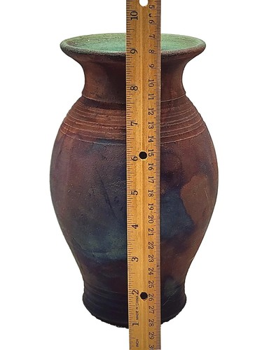 Raku Pottery Vase Urn Signed New Matte Finish Copper Blue Green 9" Tall - Picture 11 of 12