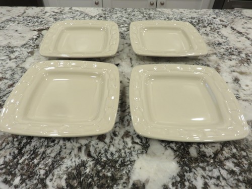 4 Longaberger Pottery Woven Traditions IVORY Square Lunch Salad Plates 7 1/8"