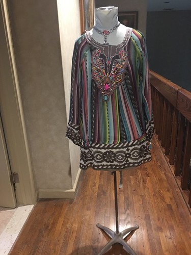AMAZING CASTING ART TO WEAR MULTI COLOR EMBROIDERED BEADED FRONT TUNIC BLOUSE S - Picture 2 of 12