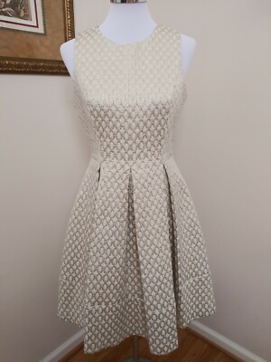 Elegant Festive Fit Flare Cream Metallic Gold Circles Dress by Eliza J Sz 8 EUC 