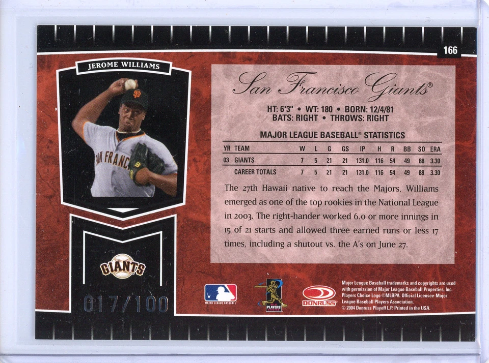 2004 Leaf Certified Cuts Marble Red #166 Jerome Williams Giants /100 - Image 2 of 3