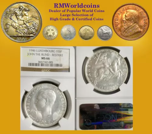 Luxembourg 1946 100 Fr. Rare Gem BU, NGC 66, Restrike, Mintage 2,000 coins