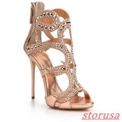 Sandalias de gladiador huecas punta abierta de tacón alto de aguja con estrás brillantes para mujer - Imagen 6 de 7