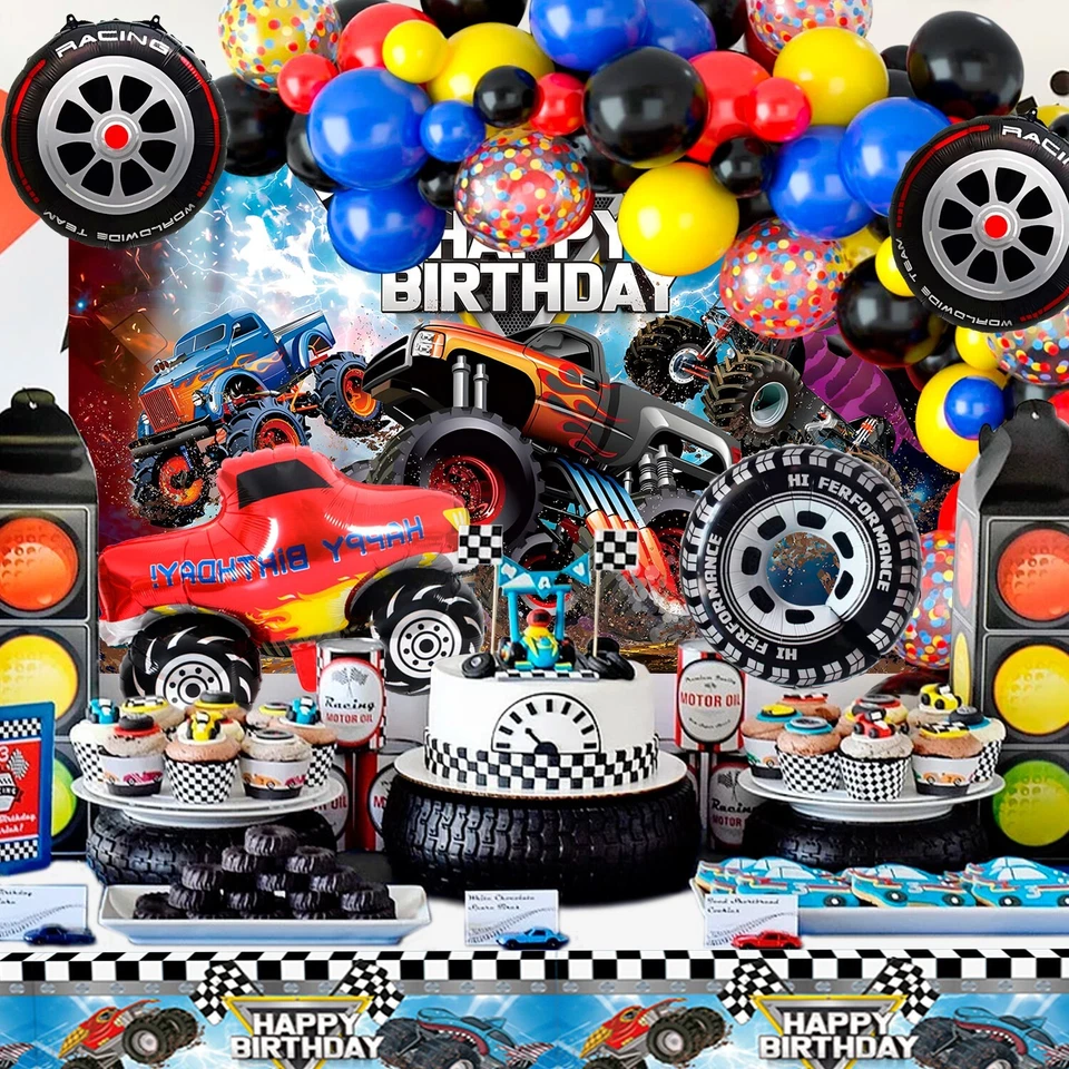 Decorações de festa Monster Truck, balões de aniversário de carro conjunto de suprimentos de toalha de mesa - Imagem 2 de 4