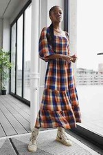 Urban Outfitters UO Lottie Strappy Check Print Midi Dress Smocked S NWD 250292