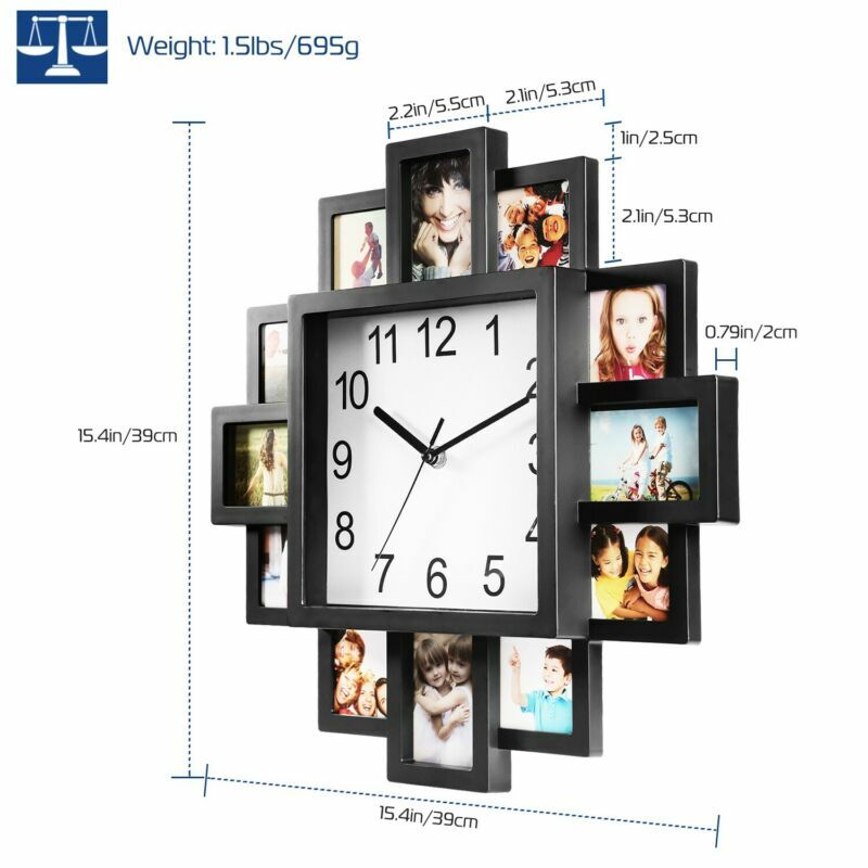 Hanging Wall Clock Photo Frame Clock w/12-Picture Display Picture Collage Decor