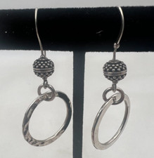 Silver Dangle Hoop Earrings Silver Blackened Flower Earrings Circle Earrings