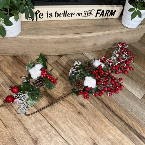 Artificial 24" Pine Holly Berry Sprigs with Pine Cones Cotton Branch Snow Xmas