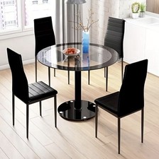 Black Dining Table and Chairs Set Round Tempered Glass Table with 4 Chairs Set