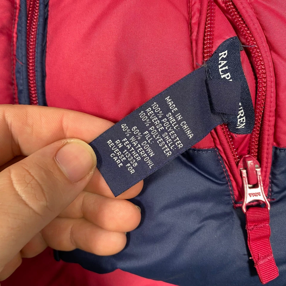 Ralph Lauren 女孩蹒跚学步的孩子双面羽绒背心尺寸 3T 粉色/蓝色贴纸残留 — 第 3/4 张图片