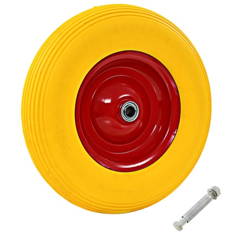 Ruota carriola solida PU 390x90mm giallo rosso cerchio metallo 4,00-8 asse 80mm mozzo HD