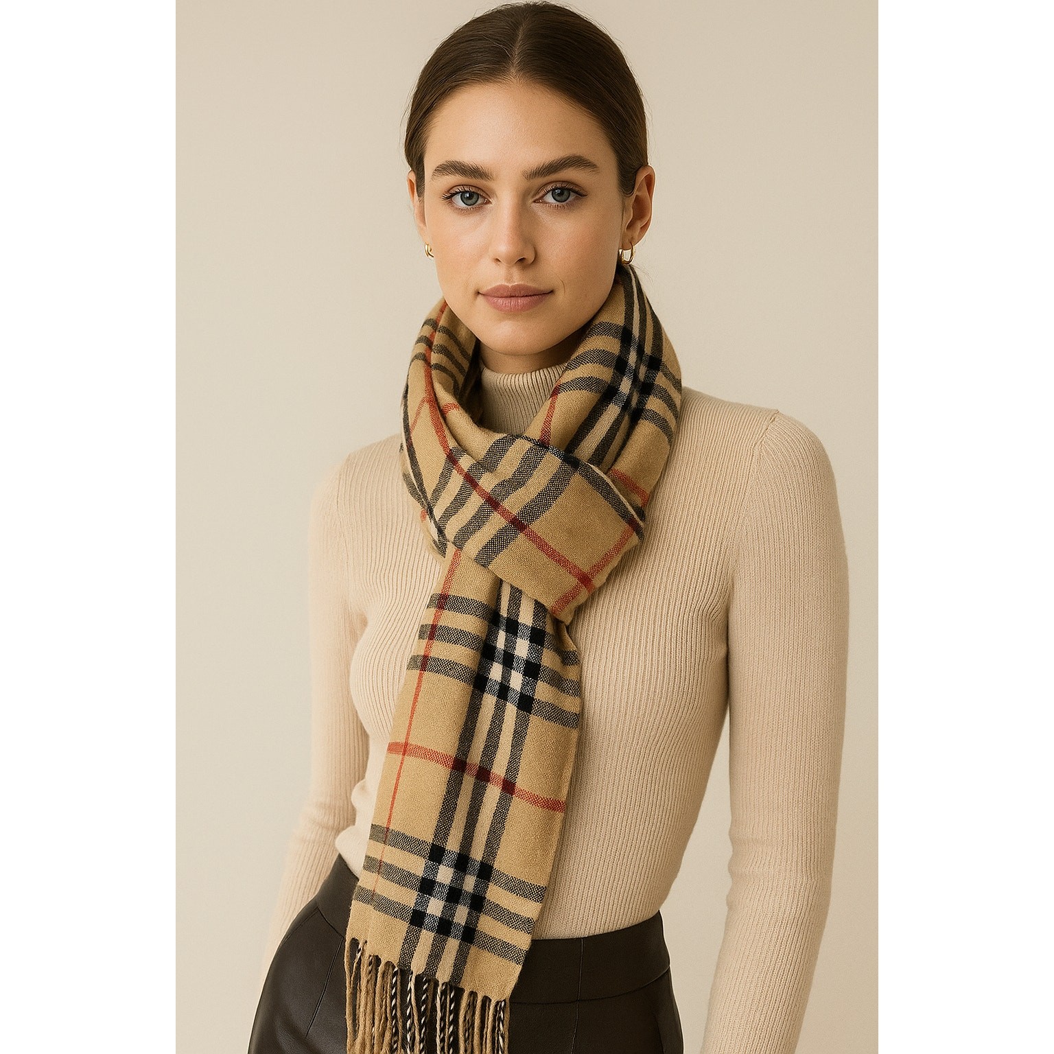 Check Archive Beige Black Rectangular Fringe Long… - image 1