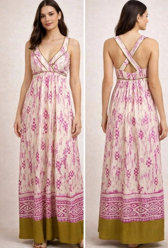 Ann Taylor, Ladies Ann Taylor LOFT Pink Green 100% Silk Sleeveless Maxi Dress Size 2
