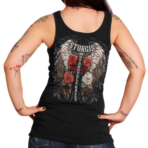 2025 Sturgis Women's Motorcycle Rally Leather Wings Ladies Black Tank Top - Picture 2 of 4