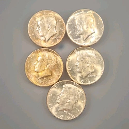 1964 Kennedy Silver Half Dollars Lot of 5 90% Silver BU/AU Coins 62.6g