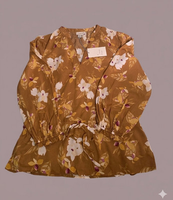 Golden Brown Yellow Flower V neck Blouse Fall Top GrannyCore Cottagecore Hawaii