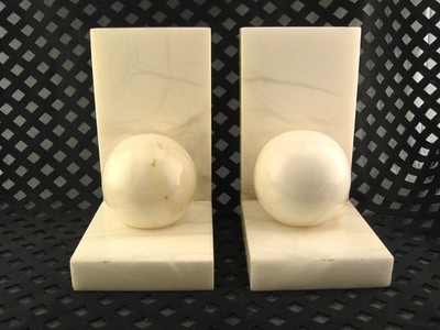 Sgn'd J.A.Y. - Mid Century Modern Spanish Alabaster Marble Spherical Bookends