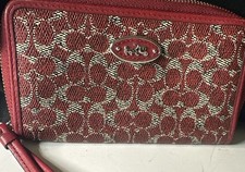 Vintage Coach Signature Coated Canvas  Red Leather Trim Wristlet Wallet