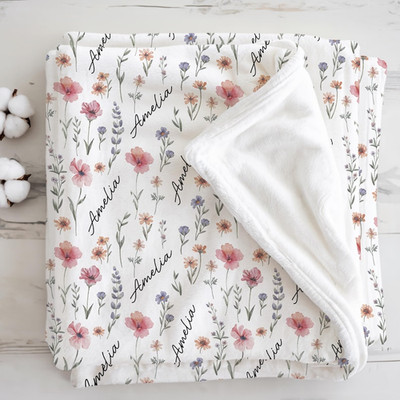 Personalized Wildflower Flannel Baby Blanket   Custom Name Newborn Swaddle Gift