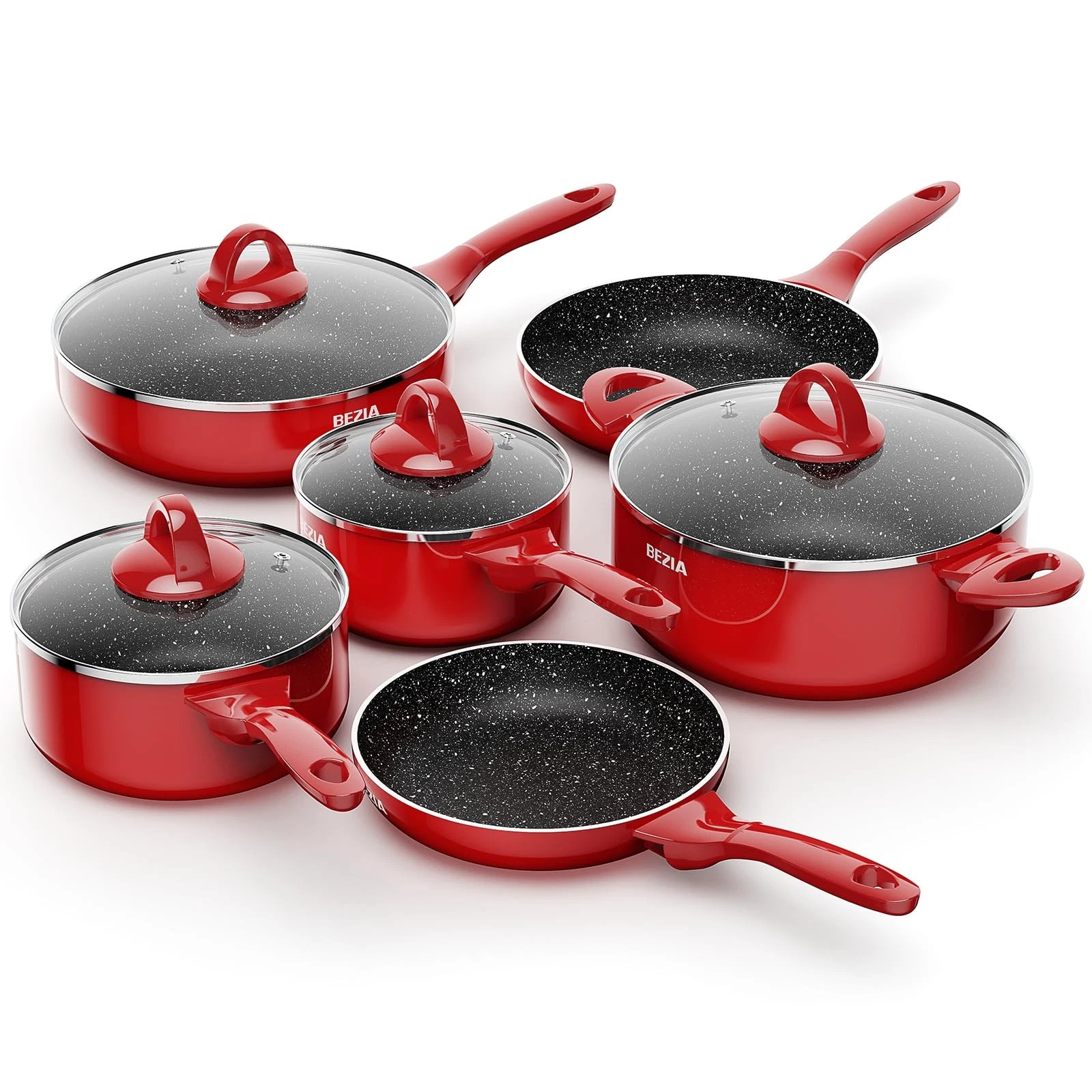 Cookware Set 10 Piece Induction Nonstick Dishwasher Safe Red BEZIA Pots Pans