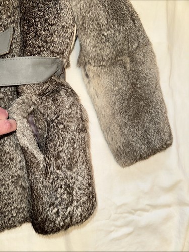 Abrigo Chaqueta De Colección ELAN Gris Real Piel De Conejo Cuero Cinturón Gancho y Ojo Pequeño - Imagen 8 de 22