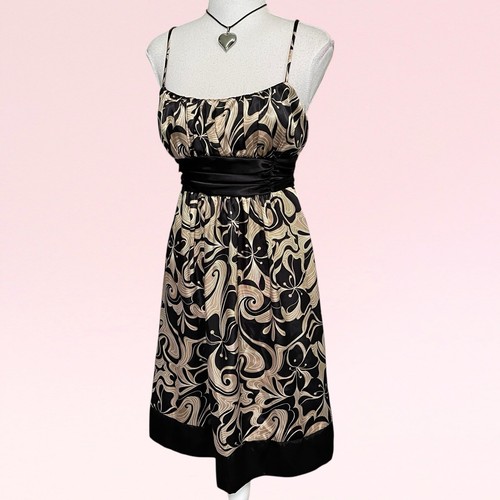 vintage y2k tan black floral satin whimsy goth milkmaid ruched party dress 8 - Picture 2 of 15