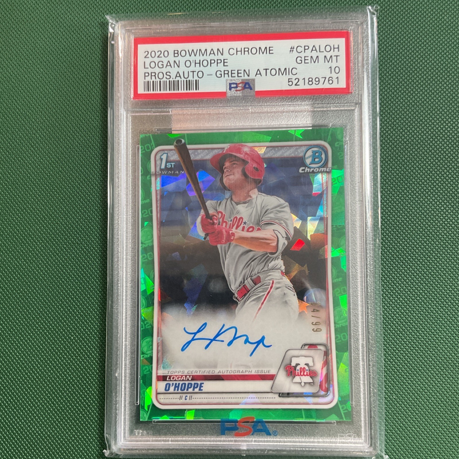 Topps 2020 Bowman Chrome Logan O'Hoppe CPA-LOH Green Atomic Auto PSA 10 /99