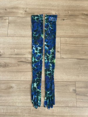 Dries Van Noten SS23 Blue & Green Floral Semi-Sheer Mesh Long Gloves Size M