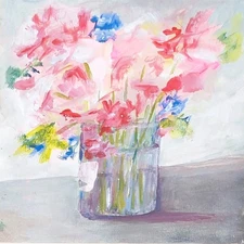 Acrylic Painting Original  Nature Floral Vase Abstract Impressionism 6x6 Pink