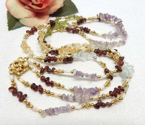 Gold Tone, Multi Strand Gemstone & Freshwater Pearl Bead Necklace 28"