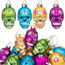 12 PCS Day of The Dead Glass Ornaments-Dia De Los Muertos Sugar Skull Ornamen...